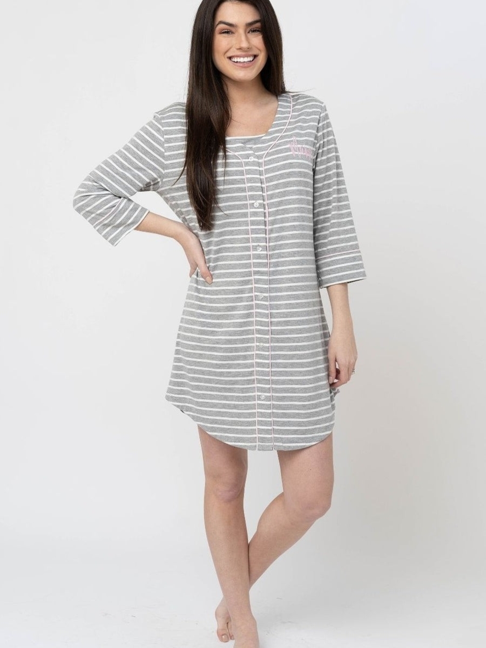 Nursing Queen Cotton Grey/White Striped Button-Front Nightshirt w/Pink Piping